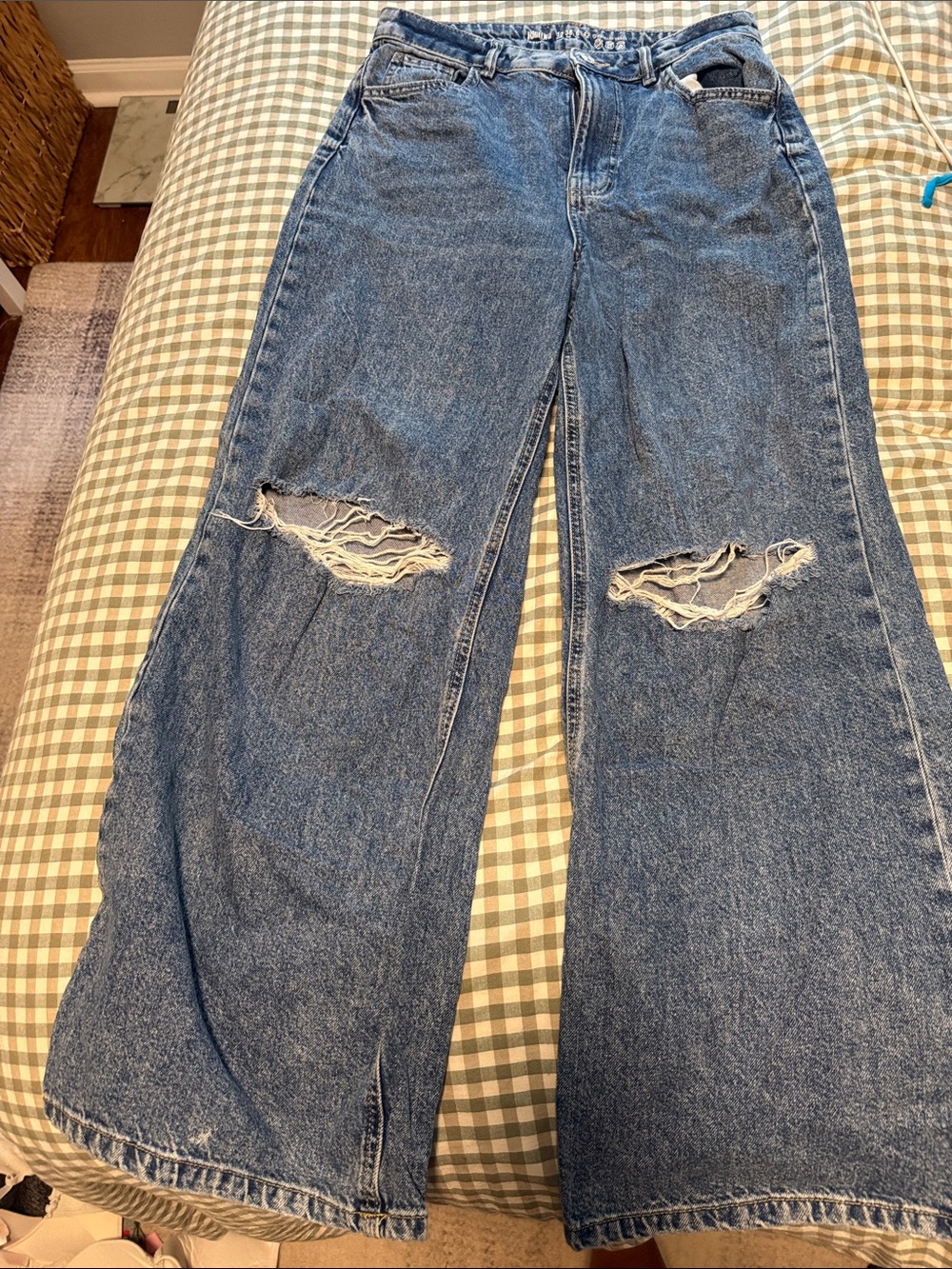Primark Blue Wide Leg Flared Jeans with Knee Rips